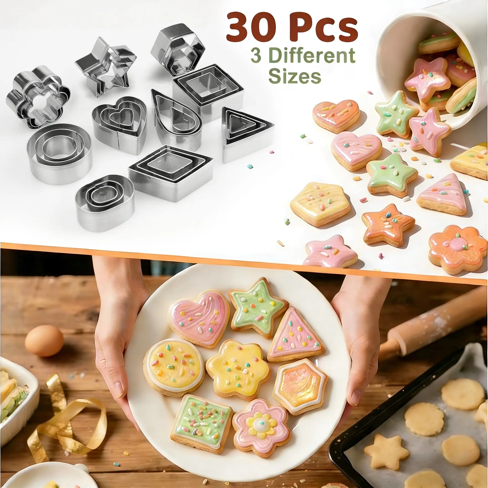30Pcs Mini Cookie Cutter Set, Food Grade Stainless Steel, Geometric Heart Star Flower Shapes, For Cocktail Garnish Fruit Cutting Cake Decor, Easy Demould Dishwasher Safe, Kitchen Pastry Baking Tools