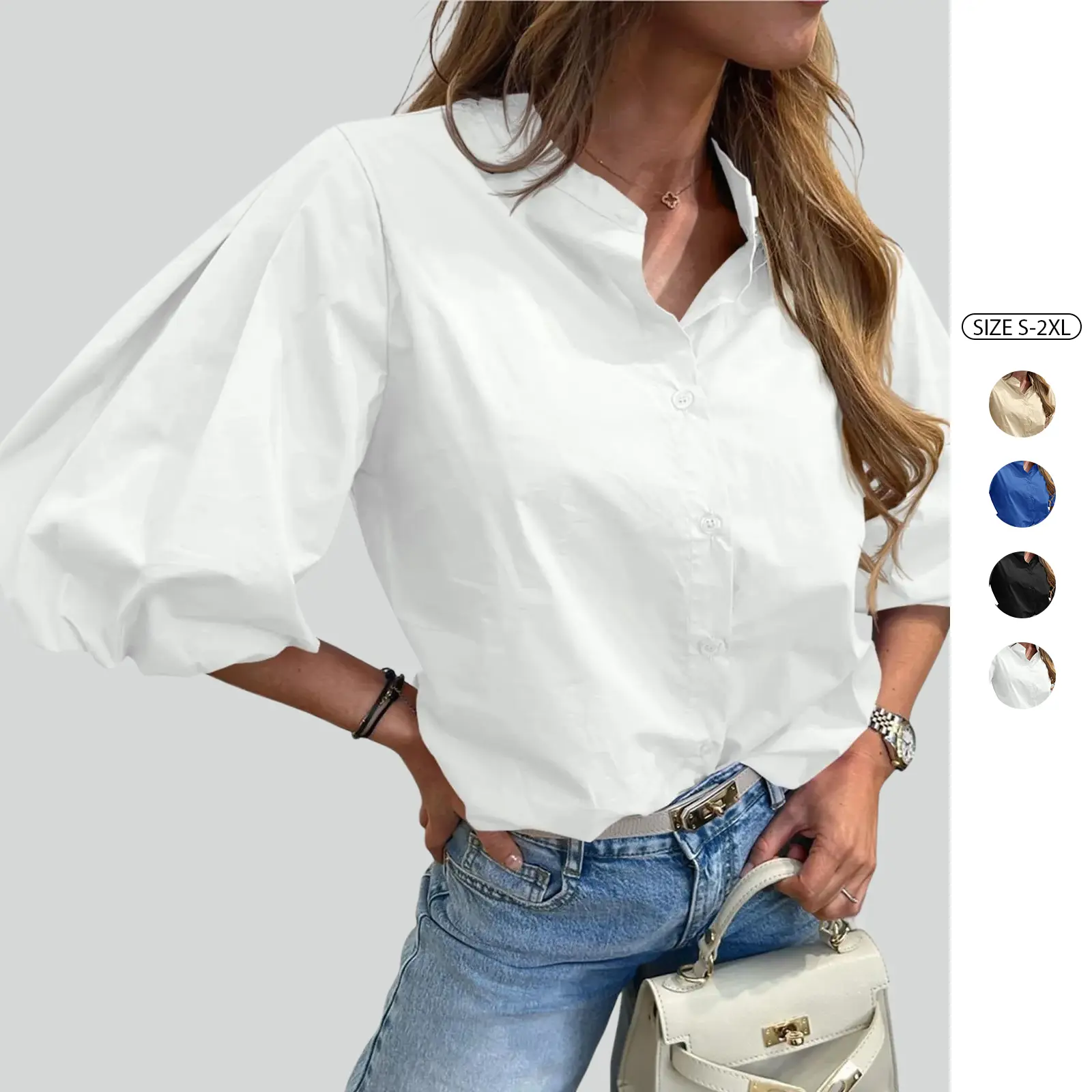 Imily Bela Womens Half Puff Sleeve Button Down Shirts Cotton Loose Fit Tops Summer Dressy Casual Blouses