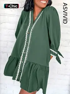 Women's Casual Loose-Fit V Neck Dress with Contrast Ricrac Trim and Button Detail, Knotted Bracelet Sleeve, Perfect for Spring & Fall Seasons