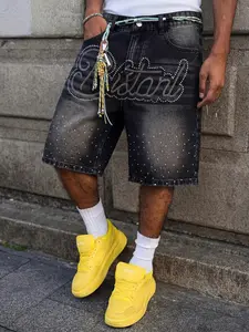 Men's black-gray letter rhinestone-embossed non-stretch loose, casual, fashionable street Streetwear Jean denim shorts, summer style