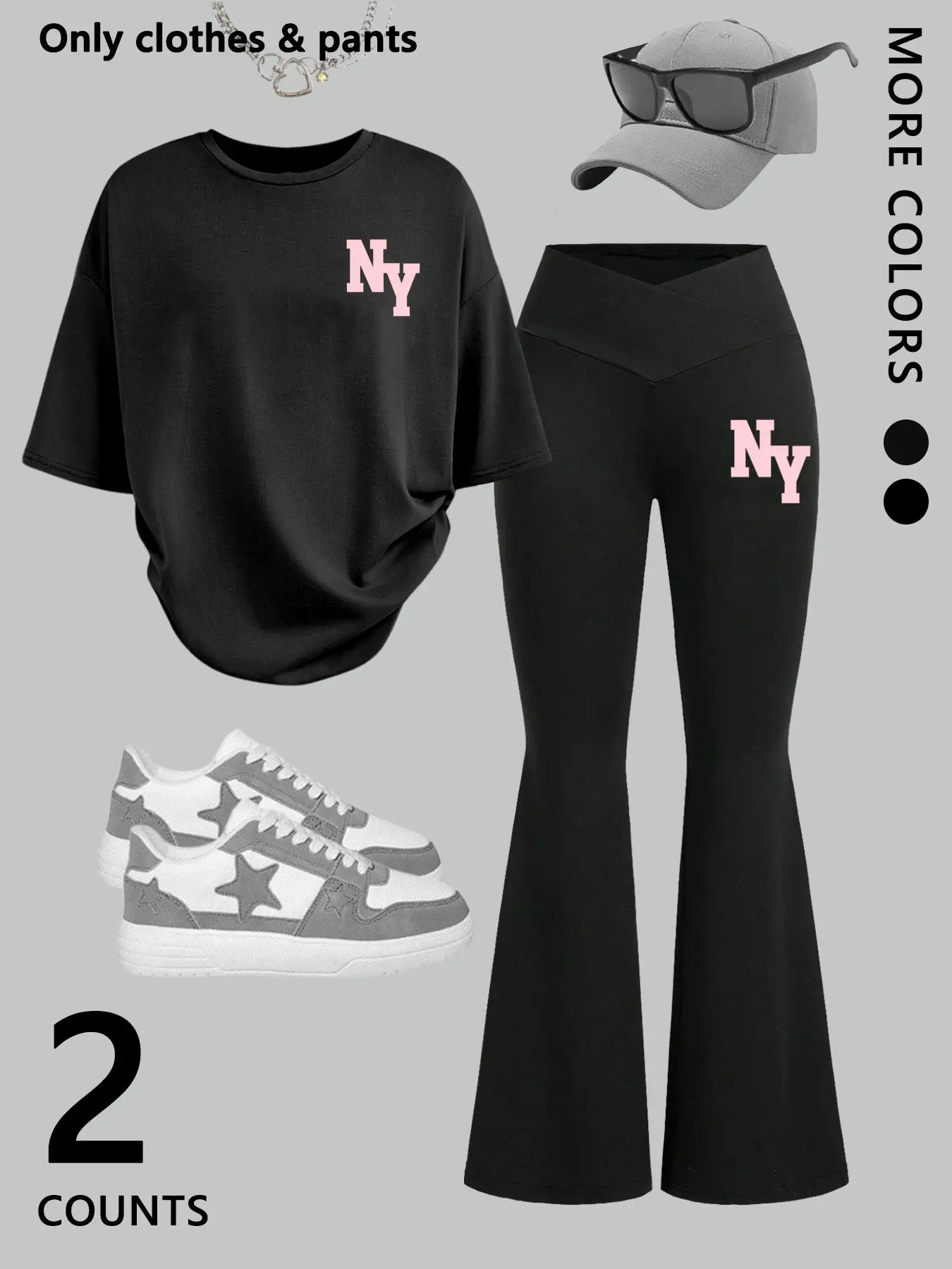 Two-piece matching set Aesthetic Womenswear Clothes for women/teenage girls: pink NY Graphic print short-sleeved T-shirt and slim-fit flared pants for spring/summer.For everyday casual, sports, outdoor activities, back-to-school season