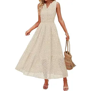 ZESICA Women's 2026 Summer Sleeveless V-Neck Hollow-Out Eyelet A-Line Flowy Casual Party Maxi Dress