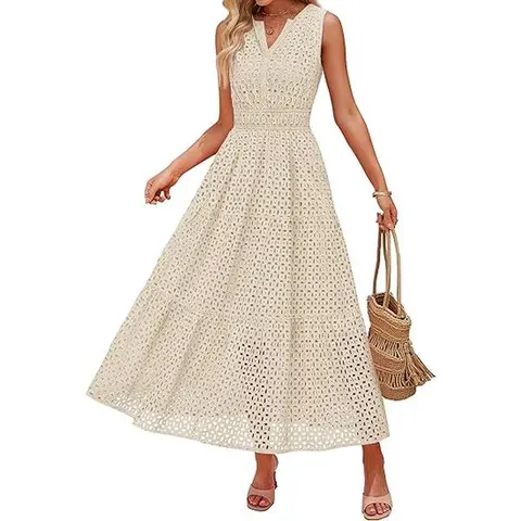 ZESICA Women's 2026 Summer Bohemian Sleeveless V-Neck Hollow-Out Eyelet A-Line Flowy Casual Long Dress for Beach, Bridal Shower, Easter