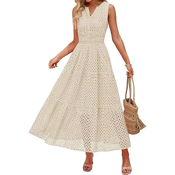 ZESICA Women's 2026 Summer Bohemian Sleeveless V-Neck Hollow-Out Eyelet A-Line Flowy Casual Long Dress for Beach, Bridal Shower, Easter