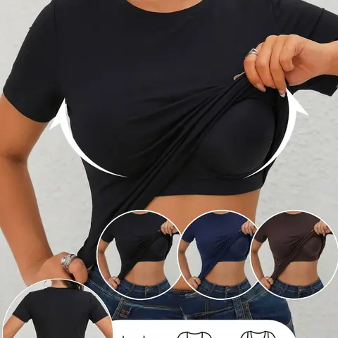 Spring&Summer Women's Built in Bra Short Sleeve Casual Basic T-Shirt, Round Neck Tanks Top, Comfortable Fitted Base Layer, Soft Elastic Fabric, Perfect for Daily Wear, Plain T Shirts