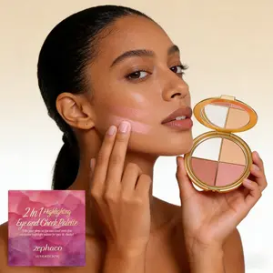 4-in-1 Cosmetic Facial Powder Palette - Brush-Inclusive, 4 Shades, Flawless Brightening Highlighter Blush Eyeshadow, Ultra-Pigmented Blendable Glossy Formula - For Makeup Beginners, On-The-Go Use