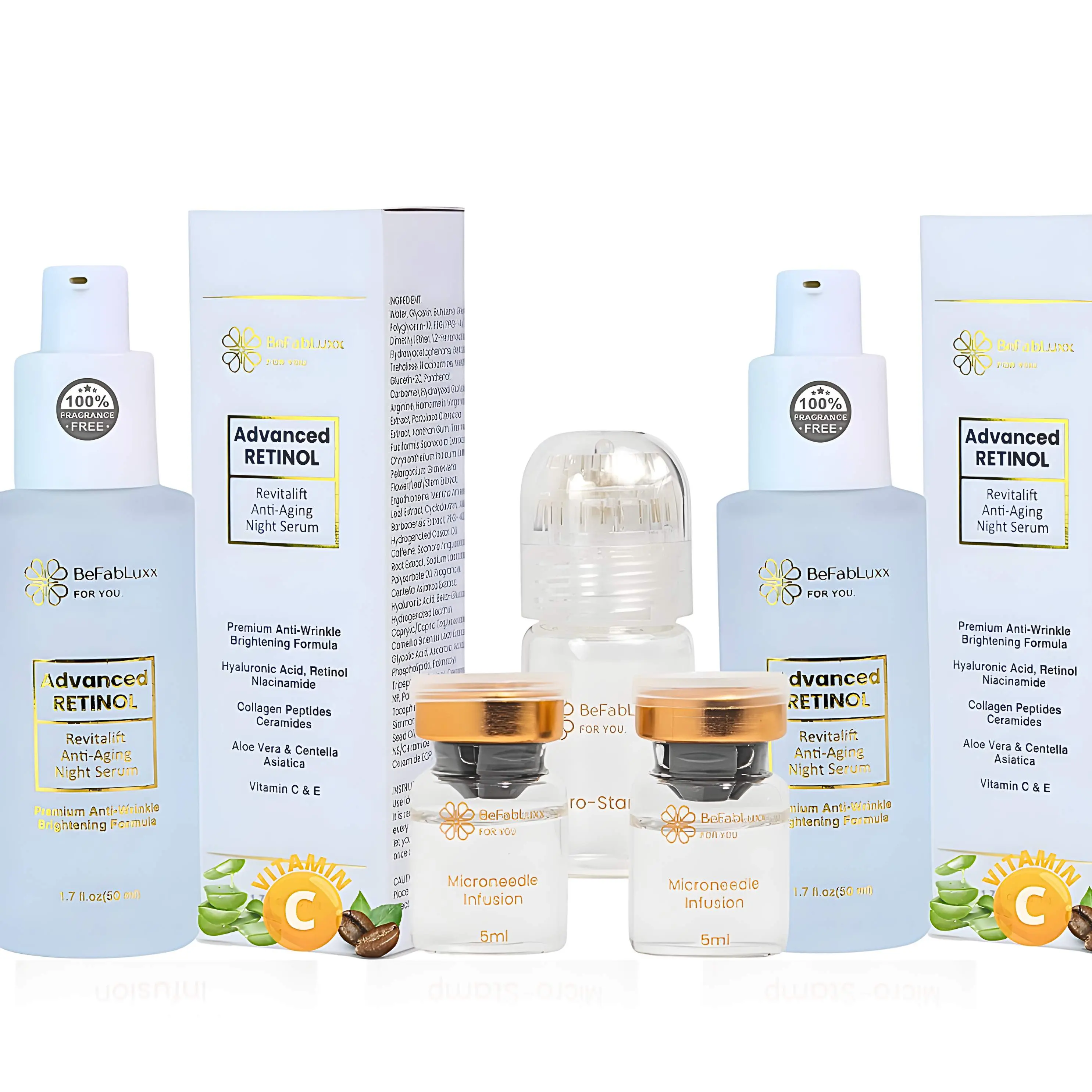 BeFabLuxx™ Glass Skin Starter  KIT | 3-Month Anti-Aging Micro-Infusion Kit with Retinol, Peptides & 24K Gold Stamper Valentine Gift