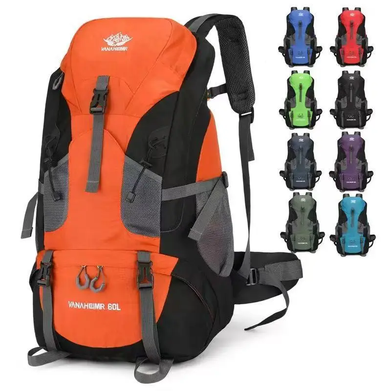 60L Color Block Hiking Backpack for Men and Women - Water-Repellent Nylon Rucksack for Outdoor Camping, Travel