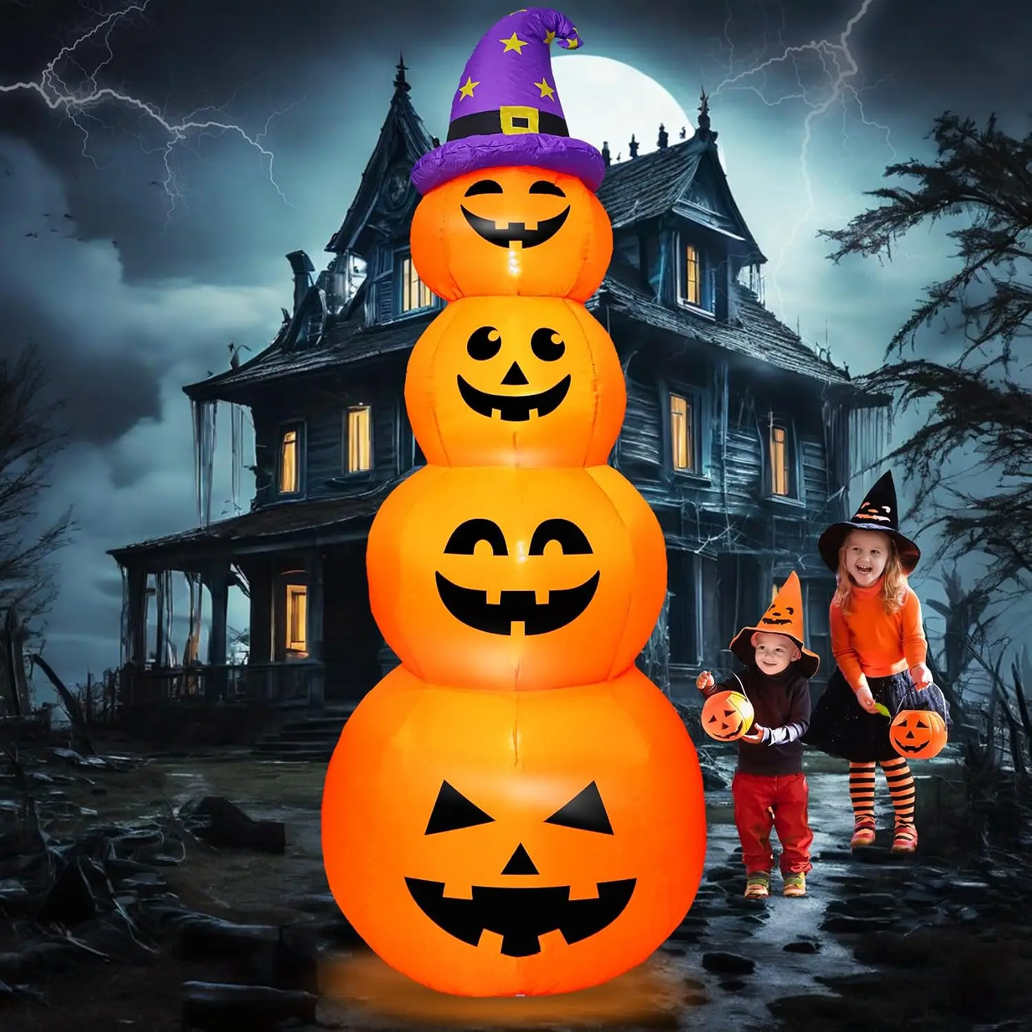 8FT H Halloween Inflatable Stacked Pumpkins with Witch’s Hat, Blow up 4 Pumpkins Inflatable with Build-in LED Lights Outdoor Decorations Large Party Yard Decoration