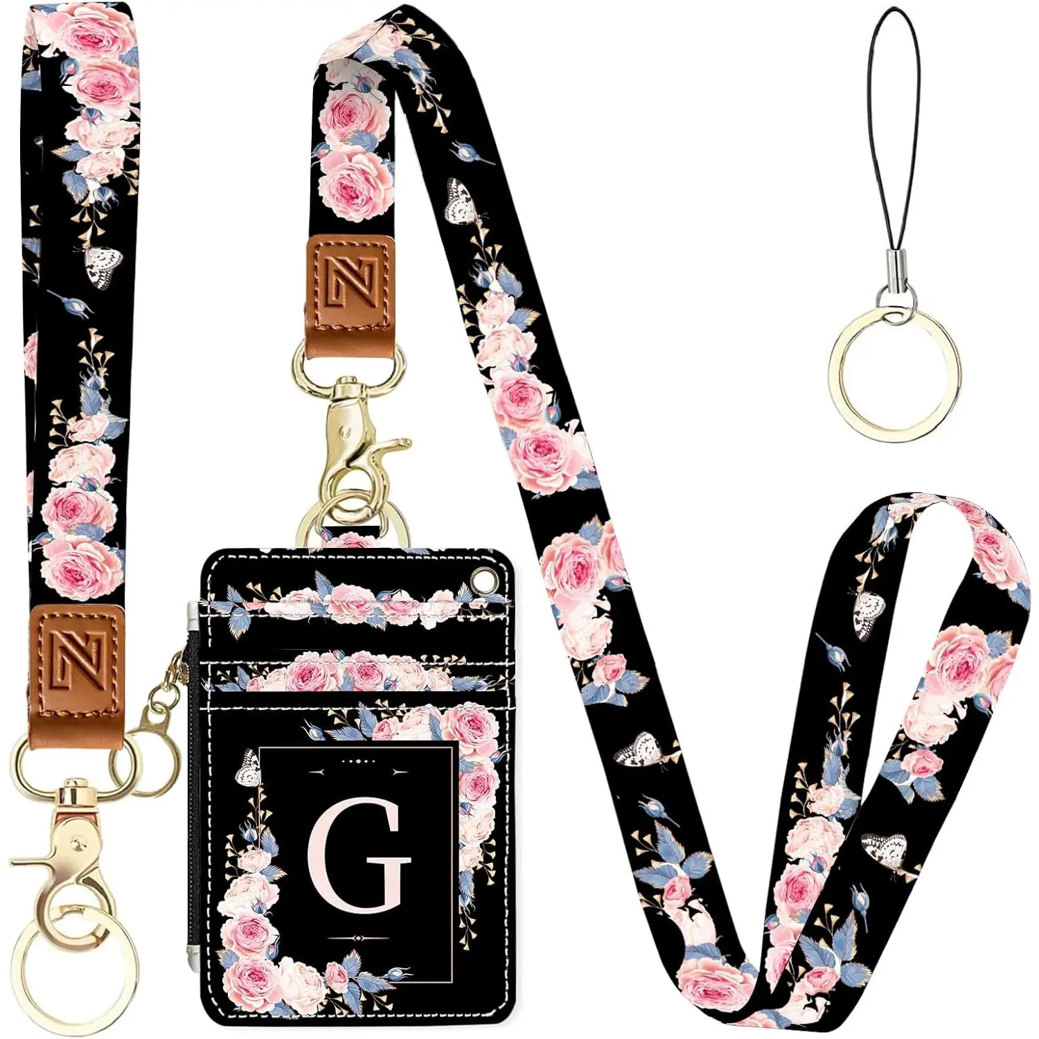 A-Z Letter 2-in-1 ID Badge Holder & Lanyard Wallet for Teachers,Nurse,Professionals-Cute Zippered  Pouch,Removable Wristlet &  Lanyard,5 Card Slots Stylish Work Essential G