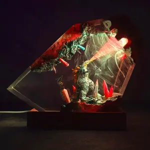 Handcrafted Epoxy Resin God.zilla Figurines Diorama Ornament Wooden Base King Monster Collectible Desktop Decor Gift Home Office Art Sculpture