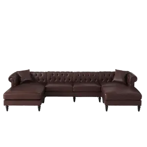 【Shipped in Two or More Packages】Giratree Furniture 135.8" 6-Seater U-Shaped Chesterfield Sofa, PU Leather Oversized Sectional Couch with Chaise, Rolled Armrest and Nailhead Trim for Living Room, Office