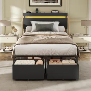 Twin Size Platform Bed Frame with Wood Headboard, Black Metal Support, 2 Storage Drawers, Shelf, Built-in USB Charging Station, LED Lights, Easy Assembly, No Box Spring Needed