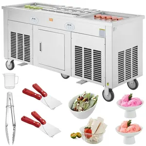 Commercial Ice Cream Roll Maker with Compressor Unit, 2Pcs 17.7x17.7in Stainless Steel Square Pans, 4 Scrapers for Ice Cream, Frozen Yogurt