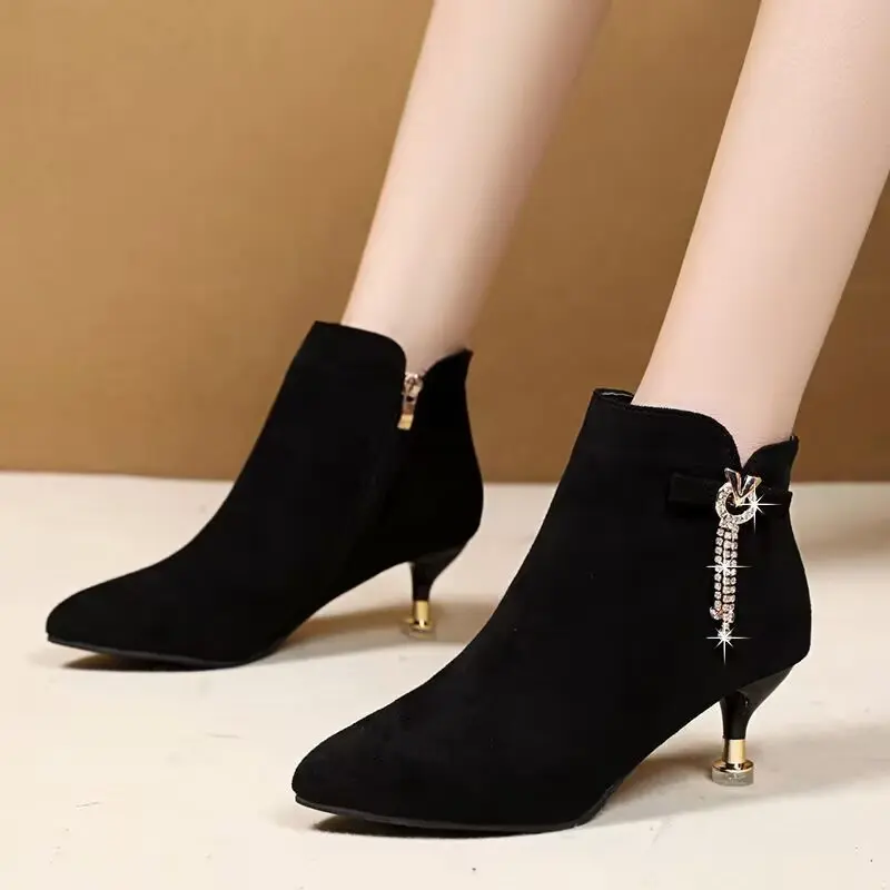 Women's Elegant Ankle Boots with Rhinestone Tassel, Stylish Pointed Toe Zip-Up Kitten Heel Shoe, Dressy Footwear for Party & Wedding, Low Block
