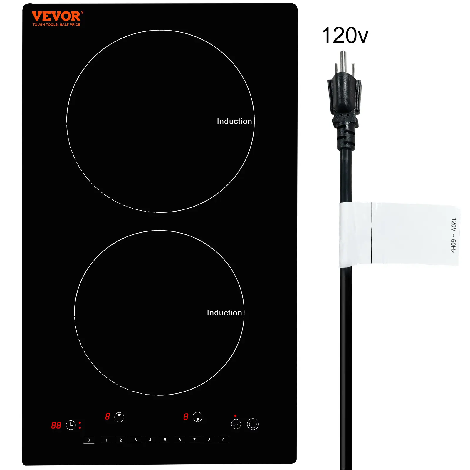 VEVOR Portable Double Burner Induction Cooker - 12-inch Built-in Stainless Steel Magnetic Hob, 1800W, 9 Heating Levels, LED Display, Timer, Child Lock, Over-Temperature Protection, Spill Proof, Cast Iron Compatible, Household Use, Safe for Elderly, Pregna