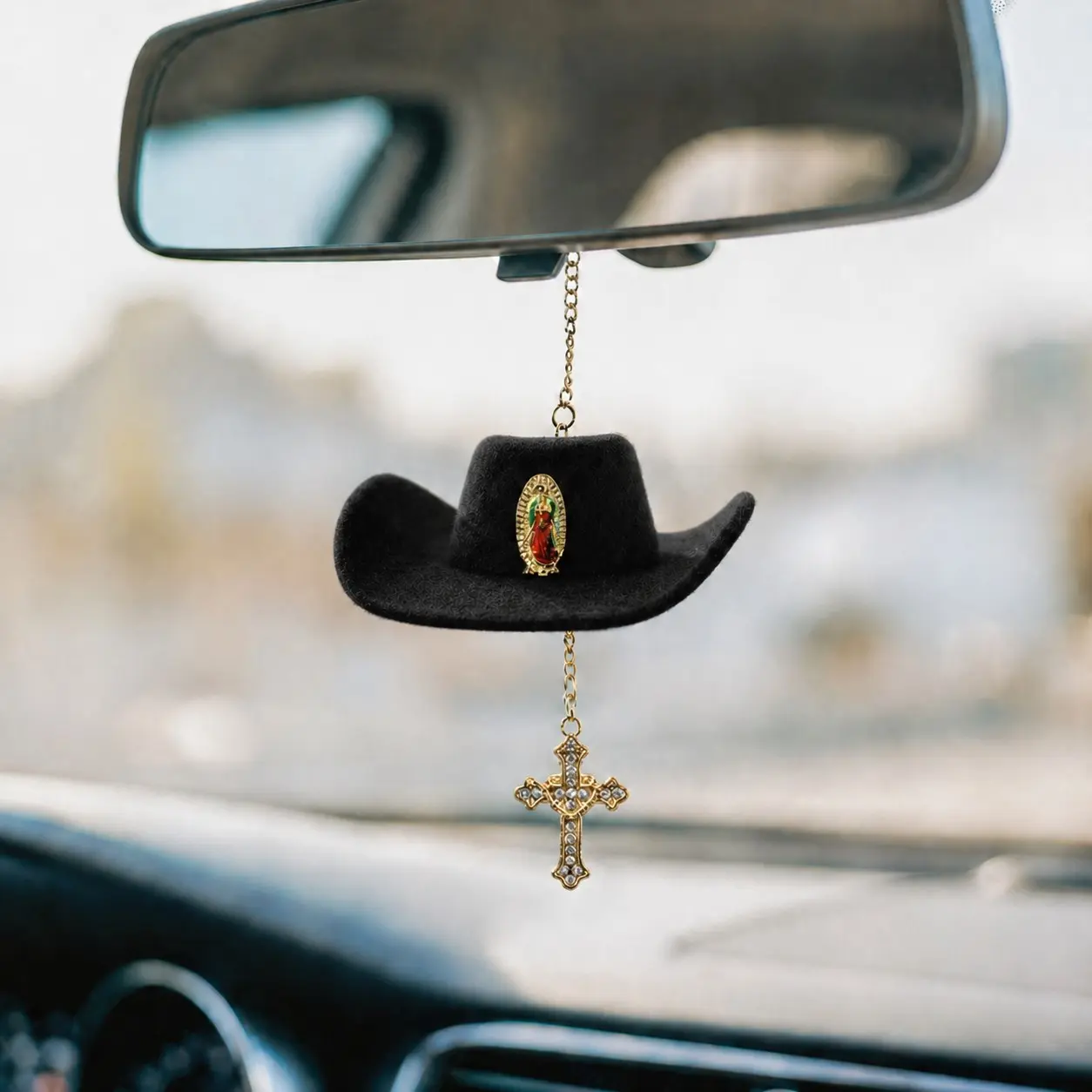 Faith Charm - cowboy hat with Virgin Mary charm and rhinestone trim. Red cross hanging charm Dashboard Decorations, Car Interior Accessory, Car Accessories, Automotive Decoration, Car Ornament