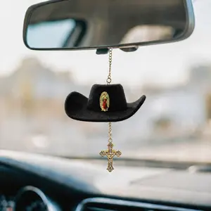 Faith Charm - cowboy hat with Virgin Mary charm and rhinestone trim. Red cross hanging charm Dashboard Decorations