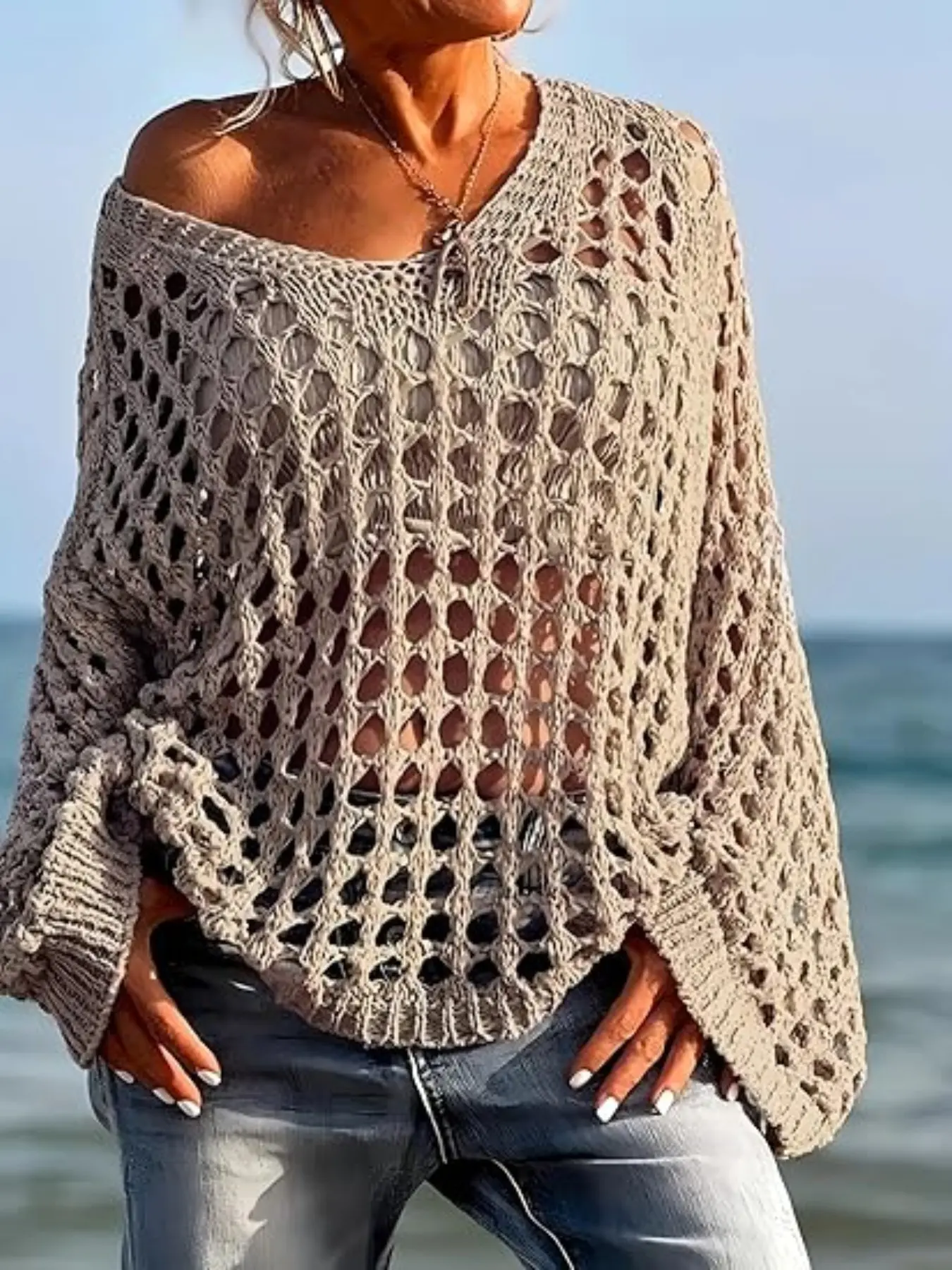 Plus Size Women's Crochet Knit Pullover Sweater, Knitwear, Tops, Long Sleeve, Loose Fit, Oversized, Summer Lightweight, Suitable for Various Occasions, Casual, Knitting, Breathable Knit Clothing