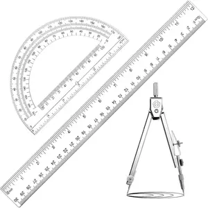 3 Pcs Plastic Ruler 6 Inch Protractor Drawing Compass Set, Student Geometry Math Transparent Measuring Tools for Home School Classroom Office Supplies(12 Inch,Clear)