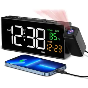 3C9--MPP022   Projection Clock for Bedroom Ceiling, Alarm Clocks with 180° Rotatable Projector, Date Temperature and Weekday, Manual DST, 5 Brightness, 10 Ringtones, 4 Volumes and Snooze (Black)
