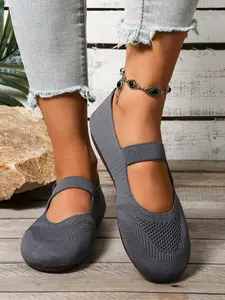 Women's Soft Knitted Mary Jane Flats, Casual Microfiber Upper, Rubber Sole, Plain Design, Comfortable Low-Top Walking Shoes for Daily Wear, Fashionable Flats