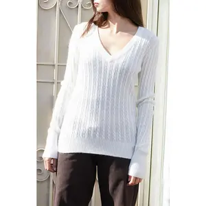 John Galt Women's Alina White Cable Knit V-Neck Sweater