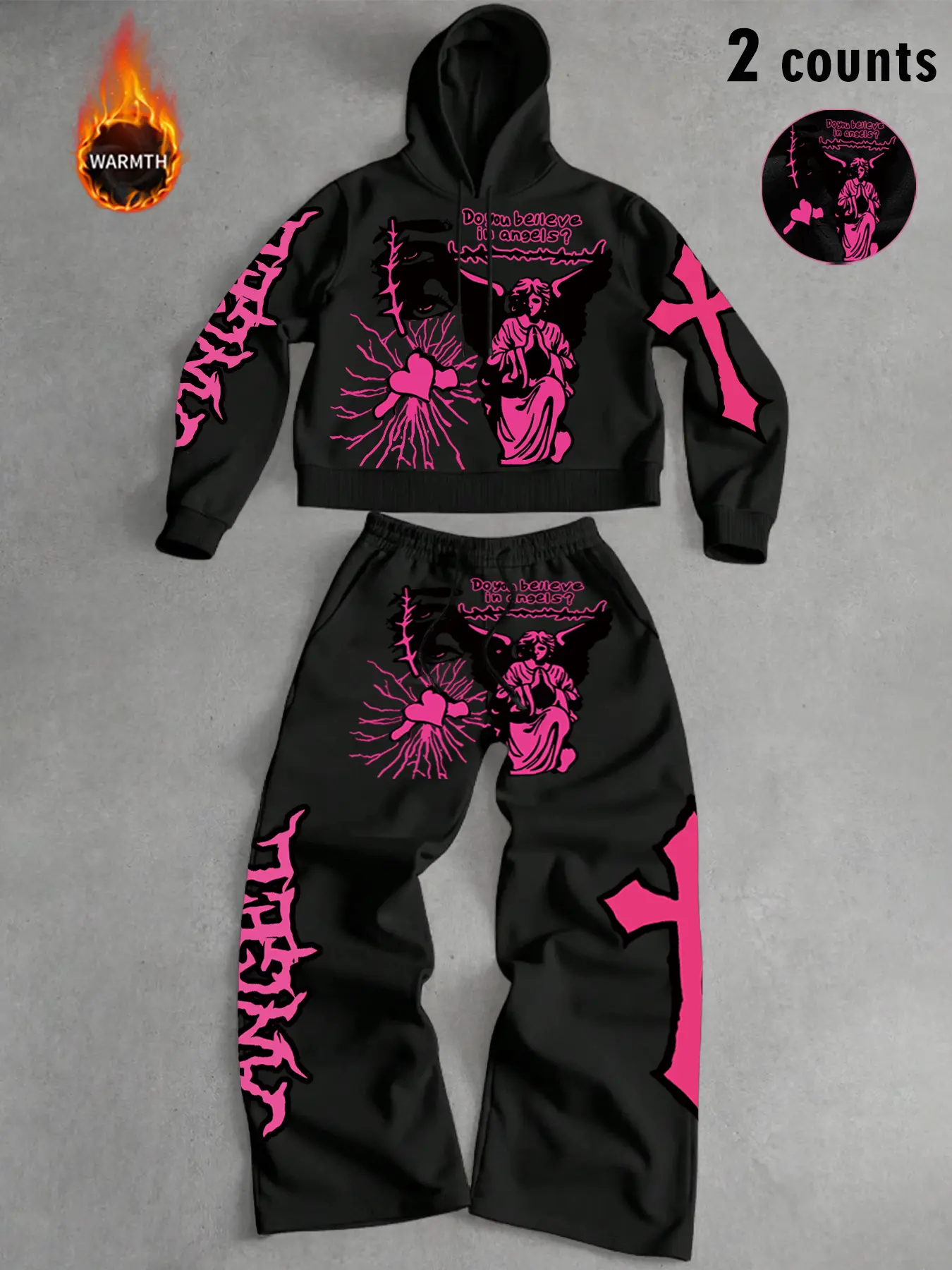 Tiktok Trendy Y2K Style Menswear, Angel Graphic Long Sleeve Hoodie & Pants Matching Set, Fall Matching Sets, Fall Winter Fitted, Streetwear Gothic Couple Look, Casual Daily Wear Outfit