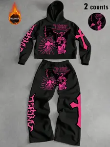 Tiktok Trendy Y2K Style Angel Graphic Hoodie & Pants Set, Fall Winter Fitted, Streetwear Gothic Couple Look, Casual Daily Wear