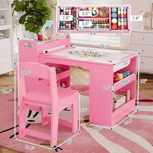 49" Art Table, Large Craft Table with 2 Chairs, Multi-Functional Art Desk with Storage Shelves for  Playroom,School
