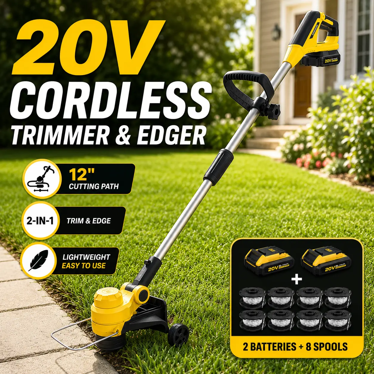 20V 2-in-1 String Trimmer – 12" Cut, Dual Batteries, 8 Spools & Wheels – Cordless Lawn Care