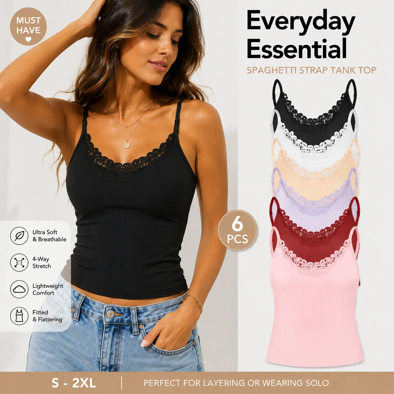【6 Pack】Women Lace Trim Camisole Tank Tops Adjustable Spaghetti Strap Cami Sleeveless Ribbed Stretch Basic Layering Tops Soft Slim Fit Camis for Daily Wear Lounge Sleep Yoga Workout Casual Summer Undershirt White Black Pink Beige Purple Red