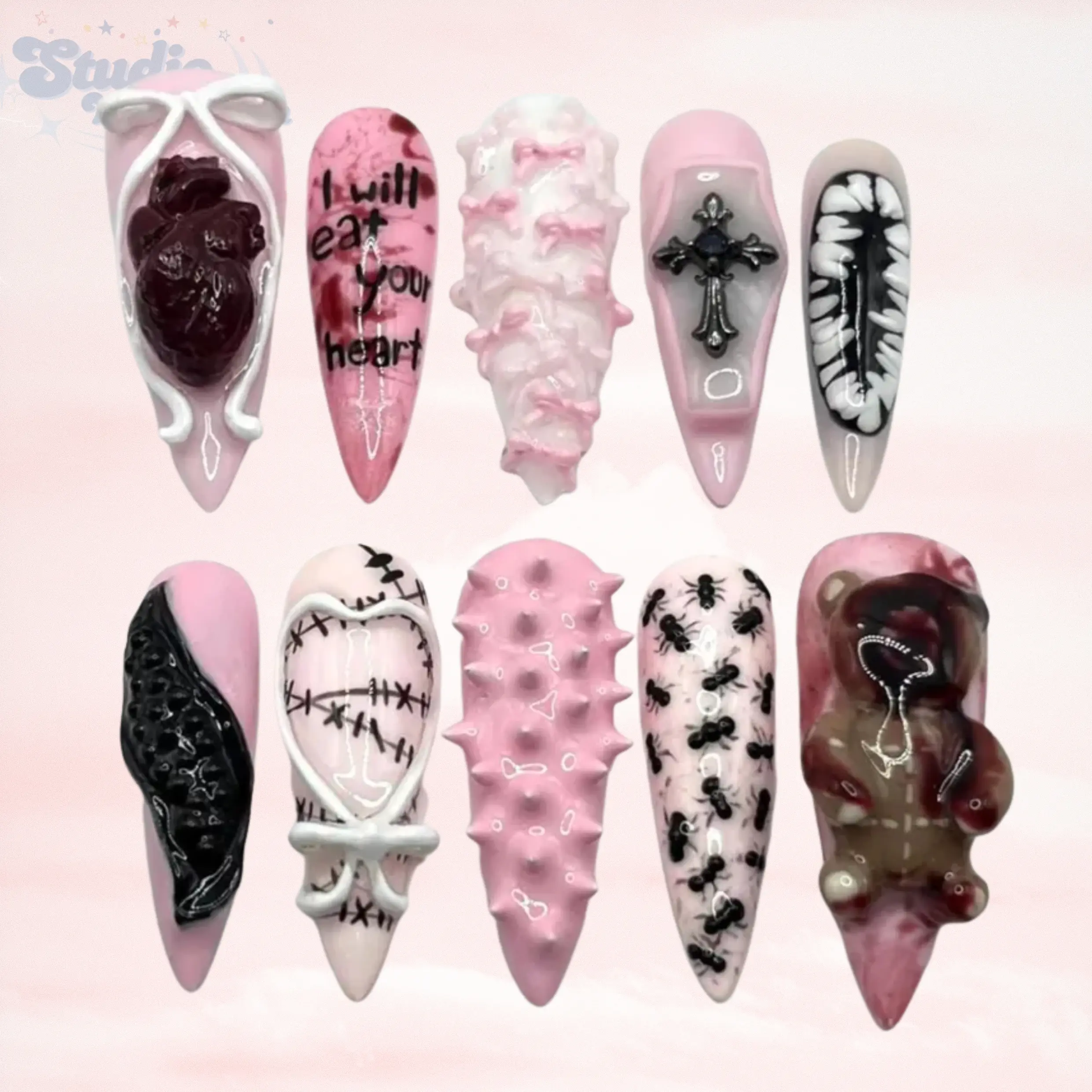 Gothic Kawaii 3D Press On Nails, Creepy Stiletto Horror Art Set, Alternative Pink Nail Set, Cross Charm Nails, Halloween Aesthetic