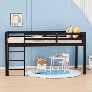 JOYMOR Twin Loft Bed Low Loft Bed Frame for Little Kids Small Room/Low Ceiling Bedrrom with Guardrail and Ladder (Black)