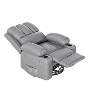 【GARVEE】Gray Leather Recliner Chair CF8011 - Manual Rocking Recliner with Comfortable Arms and Built-in Cup Holders, Perfect for Living Room Relaxation, Medium Size