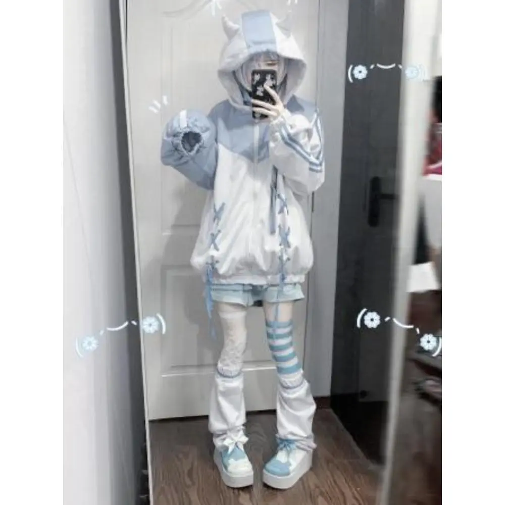 Y2k Aesthetics Grunge Hoodies Women 00s Harajuku Kawaii Pullover Fairycore Bandage Sweatshirt E-girl Goth Streetwear Moletom Top