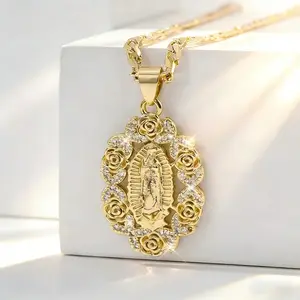FringeFlutter 14K Virgin Mary Pendant Necklace | Rose Pattern Cuban Link Chain with Cubic Zirconia, Christian Catholic Jewelry, Exquisite Gift for Mom, Wife & Girlfriend