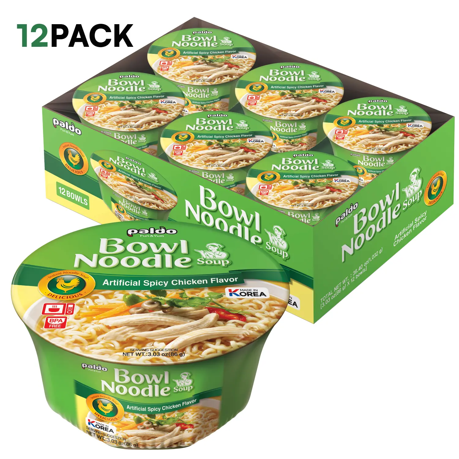 [Paldo Official] Chicken Flavor Instant Noodles (Food, Wheat Flour), 12 Cups Oriental Style Korean Ramyun, Ambient Temp Fun & Yum Instant Cup Soup Bowl, 86g (3.03 oz) Pantry Food