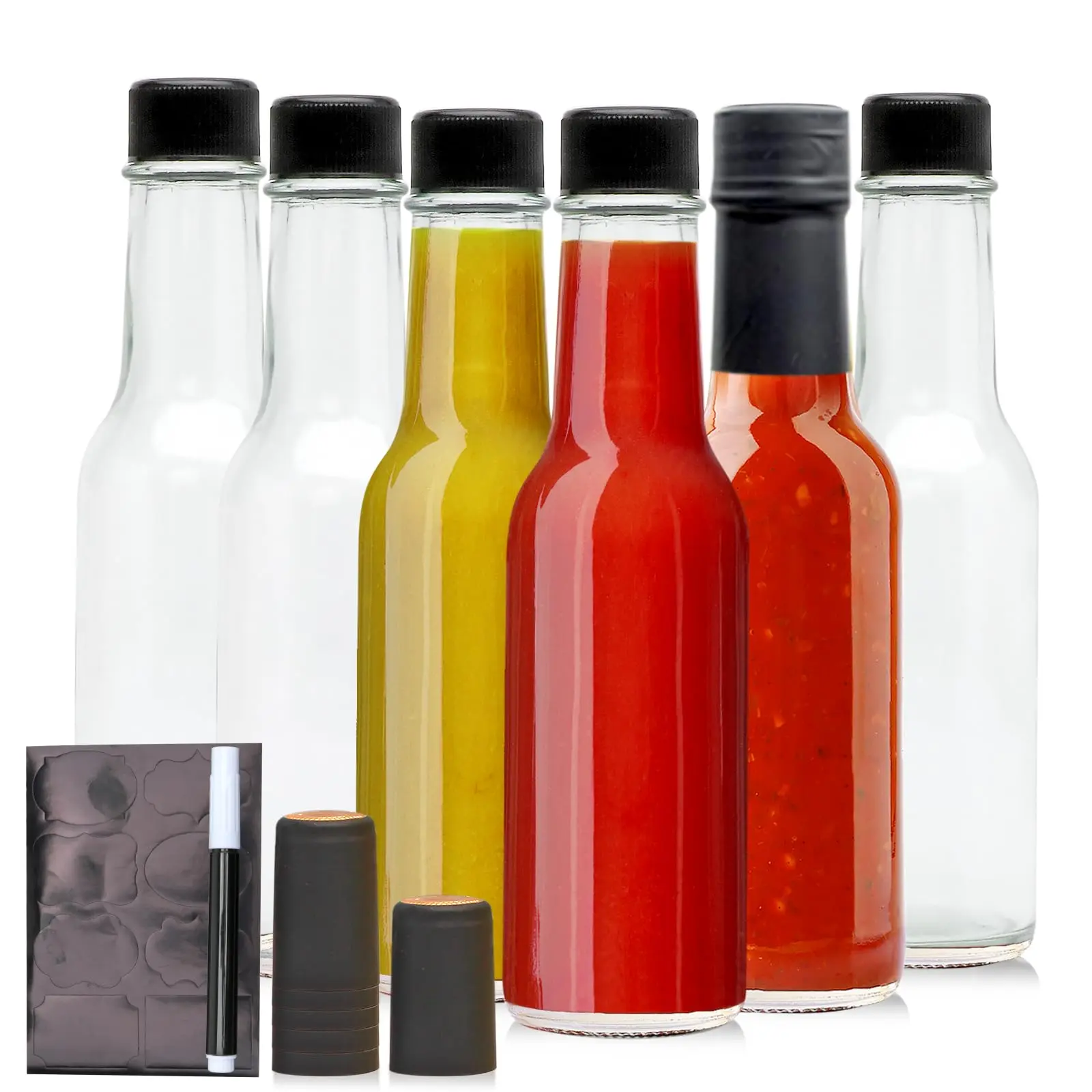 5oz Glass Bottle  Clear Woozy Bottles With Shrink Capsules Empty Small Beverage/canning Black Caps For Kitchen And Party 6 Pack