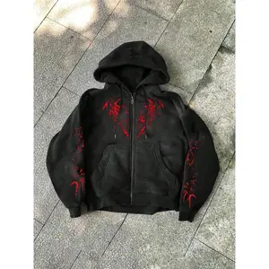 Edgy Red Graphic Black Zip - Up Hoodie | TikTok Viral Streetwear for Trendy Punk Style Hot Trending Hoodies