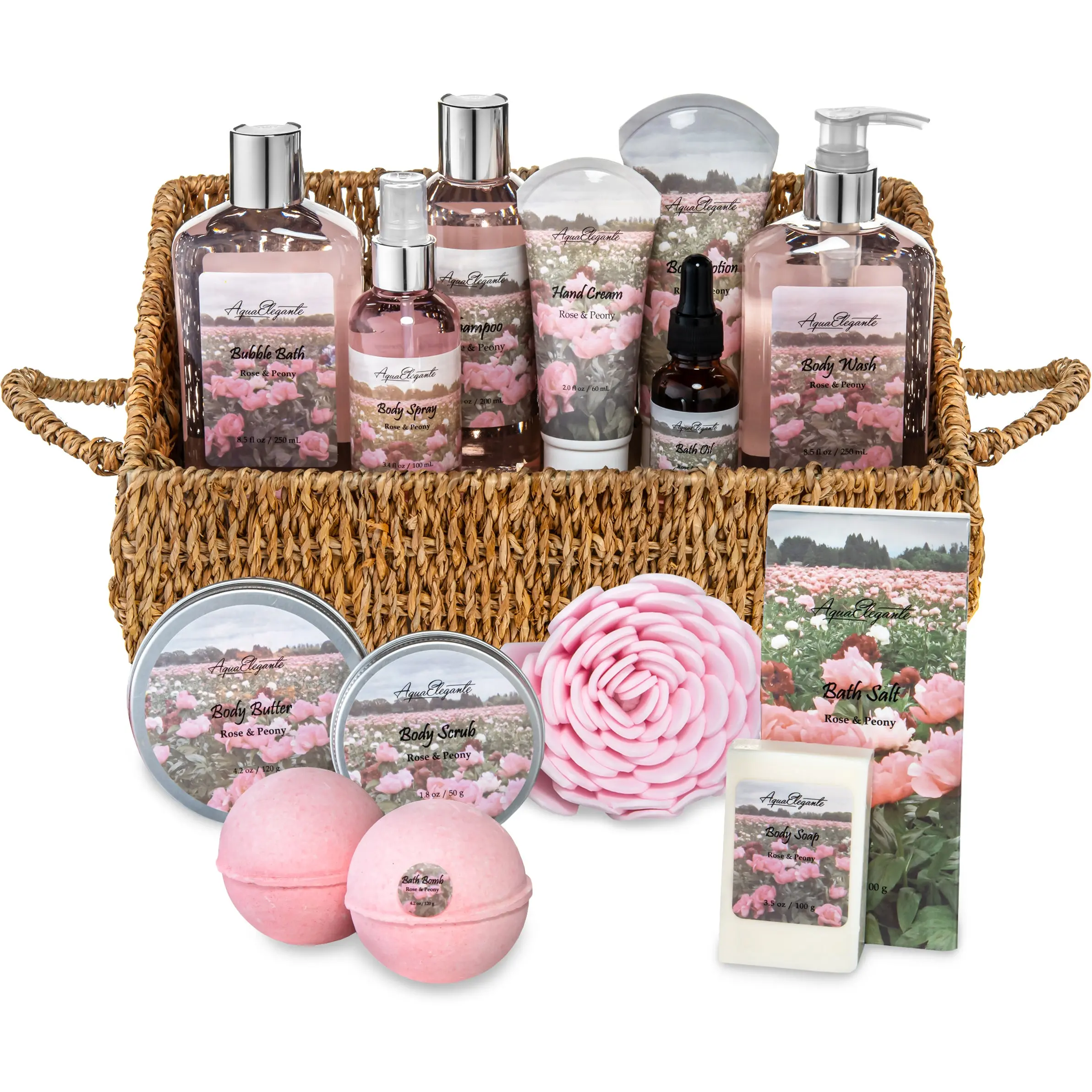 Aqua Elegante Bath Spa Gift Set - 15 Piece Premium Basket with Wash, Bubble Bath, Lotion, Salts, Body Scrub, Towel, Shower Puff, Bathbombs, Reusable Basket, Gifts for Women