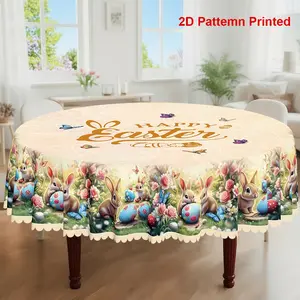 1pc, Easter Themed Party Tablecloth, Spring Summer Vintage Rabbit Butterfly Colored Eggs Rose Floral Printed Design, Rectangular/Round/Oval Table Cloth, Embossed Edges, Suitable For Picnic Dinner Kitchen Dining Room Decoration