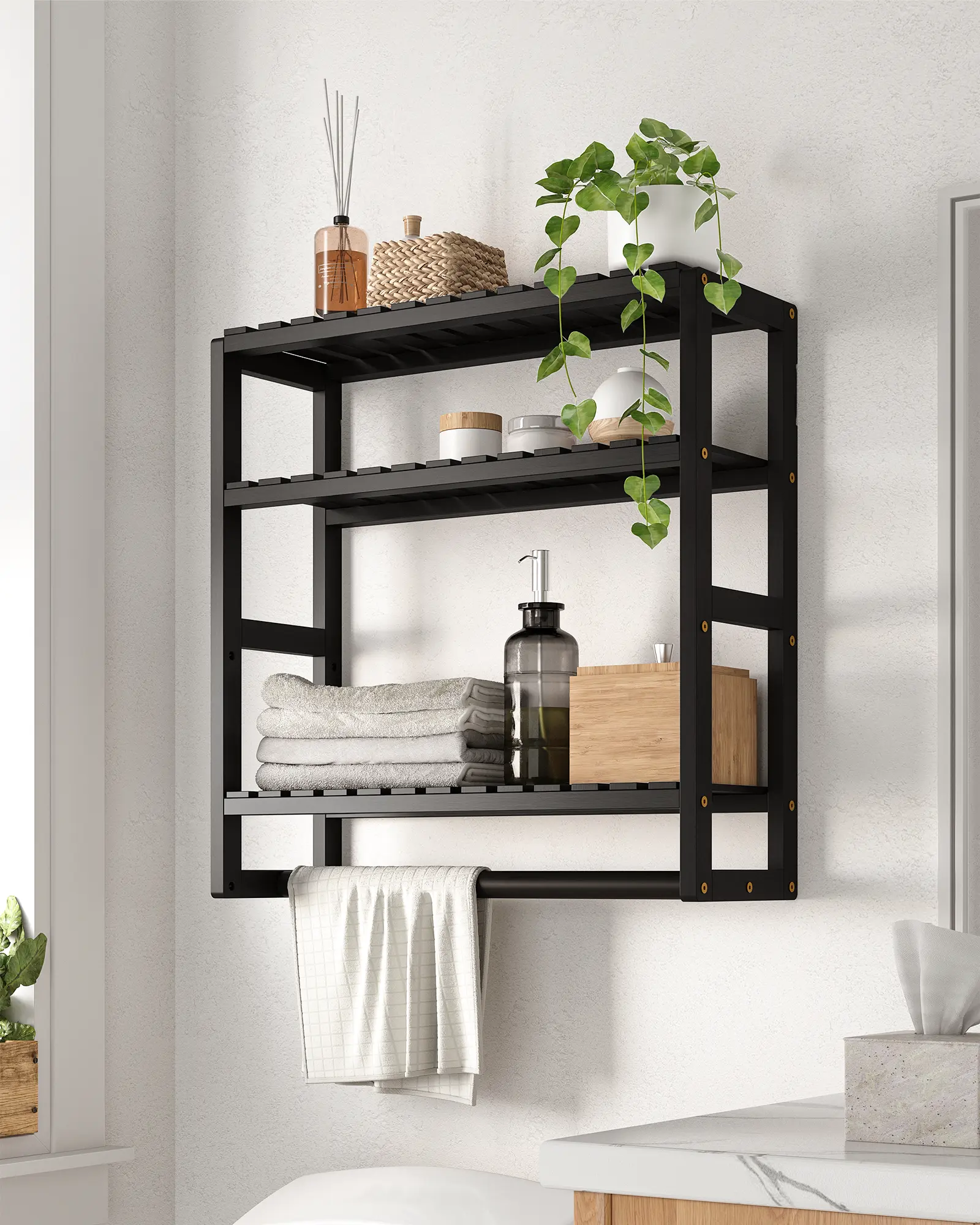 Bamworld Bamboo Over-The-Toilet Storage Shelf - 3-Tier Adjustable Corner Wall-Mount Tank-Wide Fit Rack with Hanging Rod, Toilet Paper Cabinet, Towel Rack, Black House Organizers for Small Rooms, Bathroom Organizing Accessories, Apartment Decor