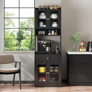 Kitchen Pantry Cabinet with Doors and Drawer, 71" Freestanding Kitchen Hutch Cabinet with Open Shelf and Cable Management Hole, Coffee Bar Cabinet Buffet Sideboard for Kitchen Dining Room (Black)