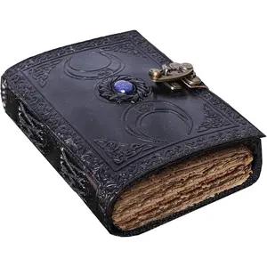 Leather Journal Semi Precious  Stone Triple Moon Design-Lock Closure, 200 Antique Deckle Edge Blank Paper-Book of Shadows, Grimoire Journal,  Journal for Men and Women (7x5 Inch, Black)