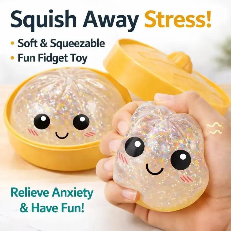 2026 New Glitter Dumpling Squishy with Steamer Box, Soft Sensory Fidget Steamed Bun Squeeze Tool for Adult Stress & Anxiety Relief