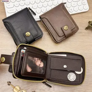 Men’s Accessories Slim RFID-Blocking Vintage Leather Zip Wallet - Compact Minimalist Card Holder with Coin Pocket for Travel, Business Use