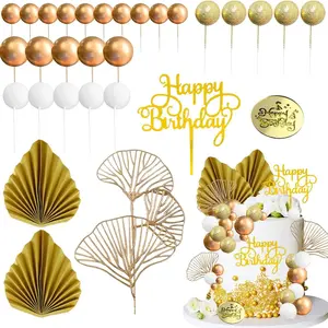 32 Paper Fan Cake Decorations, Baking Cake Decor, Gold Foam Ball Decorations, Birthday Cake Decorations