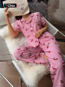 Women's Two-Piece Pajama Set, Striped Cherry Print, Button-Up Top and Bow Pants, Casual Home Wear Loungewear, All Seasons