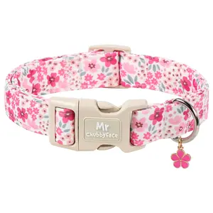 Pink Flower Dog Collar for Small Dogs, Adjustable & Durable Spring Summer Puppy Collar with Plastic Buckle, Soft Fabric Girly Female Pup Collar by Mr. Chubbyface